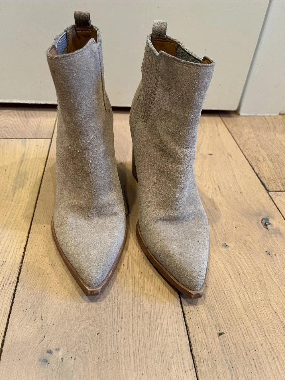 Marc Fisher Taupe Suede Pointed-Toe Block Heel Ankle Boots